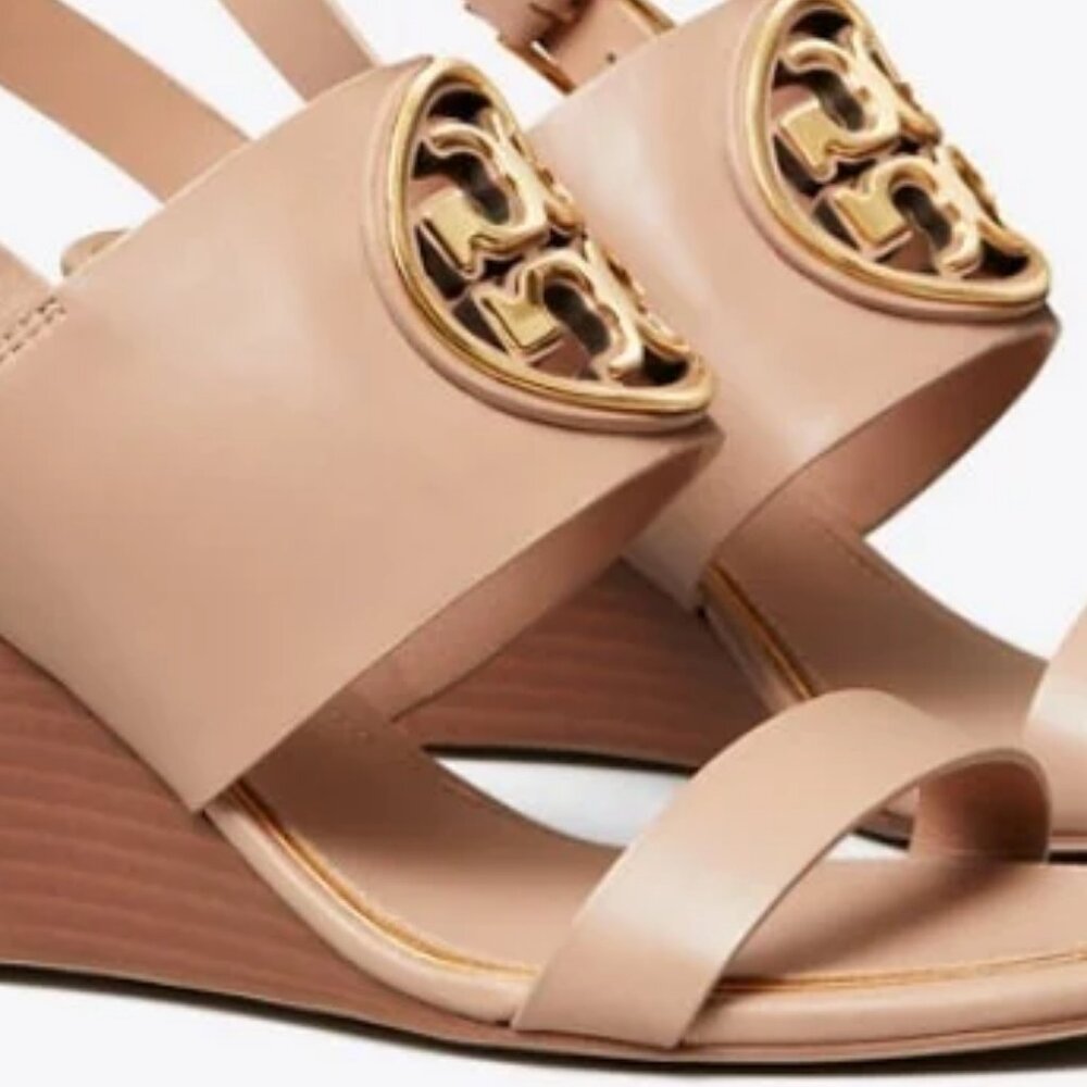 Tory Burch Neutral Blush Leather Wedge Sandals with Gold Logo - Picture 8 of 13